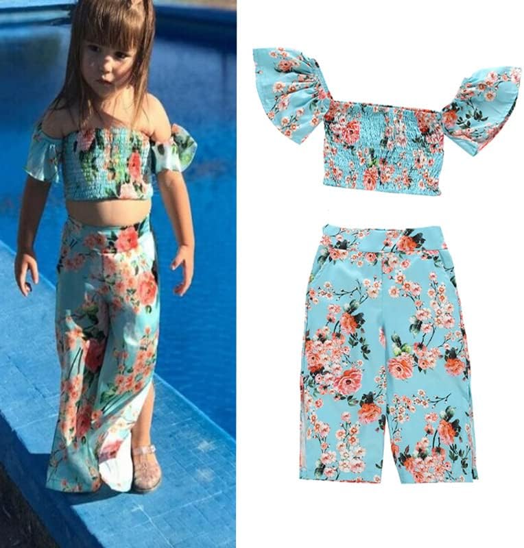 Rixin/ Комплект Хавайски Панталон с цветен Печат за малки момичета, Плиссированный Съкратен Топ с открити рамене и лямками