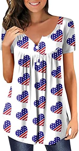 Дамски Ризи С Къс Ръкав Ден На Независимостта Графичен Топ С Копчета На Шията Си Свободна Мода На Хенри Блузи, Ризи Ежедневни Тениска