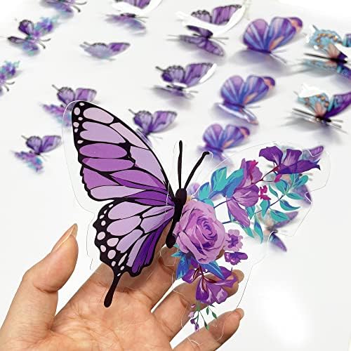 pinkblume Цветя Лилави Орнаменти във формата на Пеперуди, Стикери с цветя, Лавандула, 3D Пеперуди, Стенно Изкуство, Подвижни Стикери