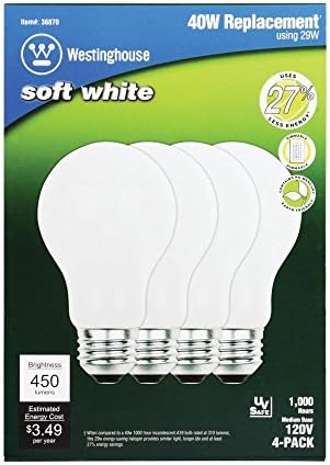 Уестингхаус Lighting 3687000 Еко-Халогенна лампа мека бяла светлина A19 капацитет 29 W, със Средна цокъл (4 бр.), броя лампи