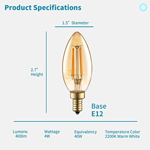 Лампи с нажежаема жичка GECTMLF 4W E12, Led Edison под формата на sconces свещ, Еквивалент 40W 400LM, Топъл Бял 2200K, Таван Полилей с вентилатор,