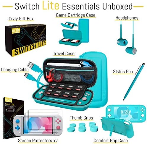 Комплект аксесоари Orzly Switch Lite - калъф и защитно фолио за екран за конзолата Nintendo Switch Lite, USB-кабел, държач за
