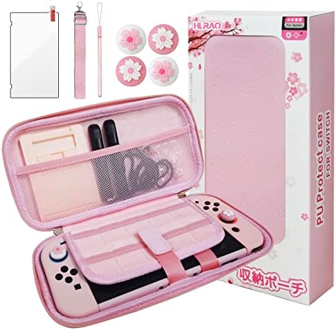 Розова чанта HLRAO, съвместими с Nintendo Switch, твърд корпус в стил Sakura, здрав преносим чанта за съхранение, противоударная, с предпазно фолио от HD-стъкло и 4 капачки за улав?