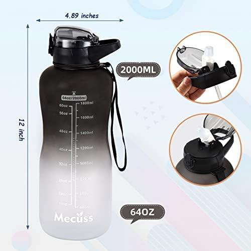 Бутилка за вода Mecuss обем полгаллона 64 грама с времето печат: Черно-бели бутилки за вода с обем 2 литра с соломинкой и измервания,