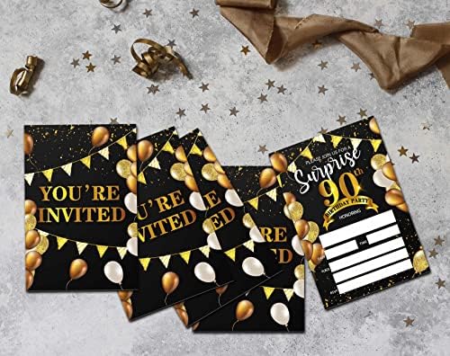 Покани за парти в чест на 90-годишнината от изненада В пликове (20 пакети) | Черно-Златни Покани Картички с размер 4 x 6 инча