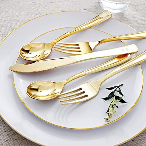 Отлични пластмасови чинии от злато 50 за гостите, включват в себе си чинии на 50 вечери и 50 десерти, набор от 50 прибори, 50 златни