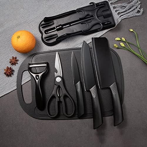 Комплект кухненски ножове Magicorange от 7 теми - 5 черни Ножове от неръждаема стомана с ножнами, дъска за Рязане и Ножевой блок - Кухненски