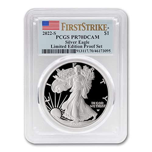 2022 S Монета American Silver Eagle Proof номинална стойност от 1 грам PR-70 с дълбока камеей (First Strike - Набор от пробни монети ограничена