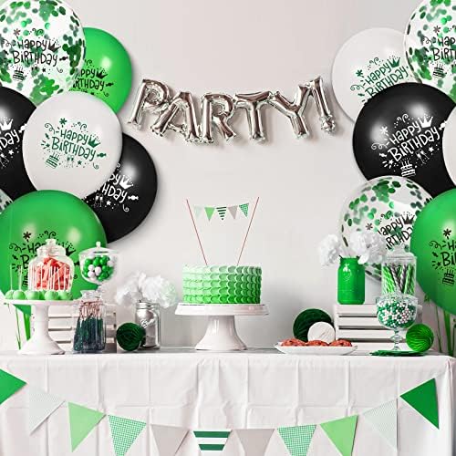 16 Парчета Зелени Черни Латексови Декоративни топки с Конфети, 12 Инча Зелени Бели Черни Балони честит Рожден Ден, за парти