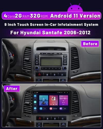 2G + 32G Android 11 Автомобилна стерео система за 2006-2012 Hyundai Santa Fe Радио с wi-fi Apple CarPlay Android Auto, 9-Инчов Сензорен екран, Bluetooth, с Hi-Fi SWC GPS навигация, WiFi Резервна Камера с Микрофон