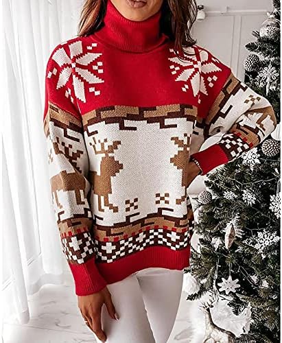 Коледни Пуловери за Жени, Сладък Вязаный Пуловер с изображение на Елен и Снежинки, Всекидневни Пуловер с Дълъг Ръкав и Кръгло деколте,
