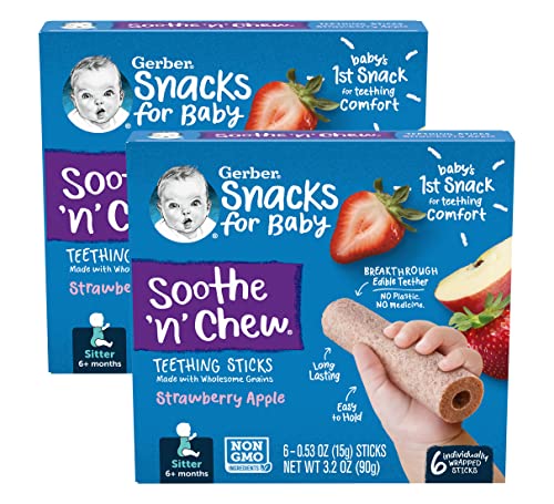 Пръчици за никнене на млечни зъби Gerber Snacks for Baby Soothe 'n' Ivan, Клубнично-Ябълка, Приготвени от Полезните зърнени Култури и съставки, без ГМО 6 Пръчици за никнене на млечни