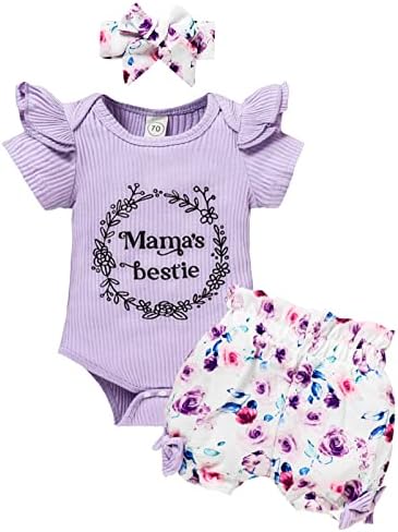 Облекло за новородени Момичета, часът на мама гащеризон с надпис Bestie + Гащета с цветен модел + Превръзка на главата, комплект дрехи