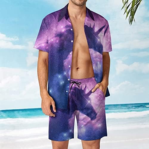 Мъжки Плажни дрехи Unicorn Galaxy Мъглявина Облак от 2 теми, Хавайска Риза с копчета с Къс ръкав и къси Панталони, Костюми