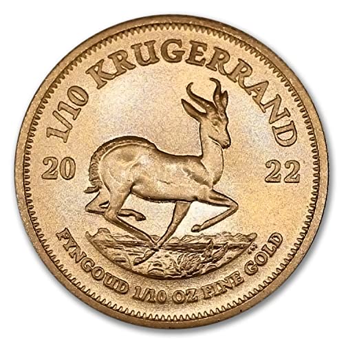Монета Крюгерранда от Южноафриканското злато 2022 година с тегло от 1/10 унция, Брилянт, без да се прибягва (BU), със сертификат