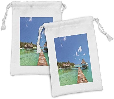 Тъканта чанта Ambesonne Beach Patway, Комплект от 2 теми, Мальдивский остров с Дълъг кей и Яхта, Релаксираща Тема Лятна почивка, Малка Чанта