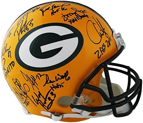 Екипът на супербоул XXXI (31) Подписа Автентичен каска NFL Грийн Бей Пакърс с 23 надписи - Каски NFL с автограф