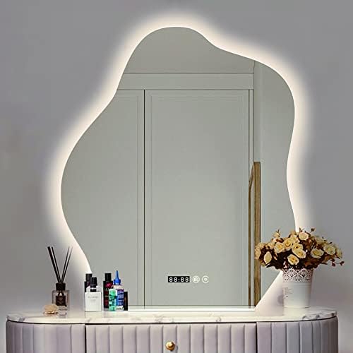 Асиметрично огледало за баня, с чувствителен на допир бутон, 3 цвята, с регулируема яркост, огледало за грим със защита