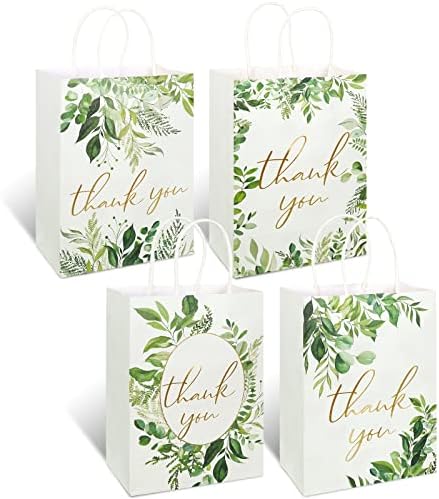 AnyDesign 24 Опаковки Зеленина, Эвкалиптовые пакети за подаръци на Благодаря, Зелени Листа, Подаръчни пакети Благодаря от Златно Фолио с дръжки за Сватба, Рожден Ден, дет