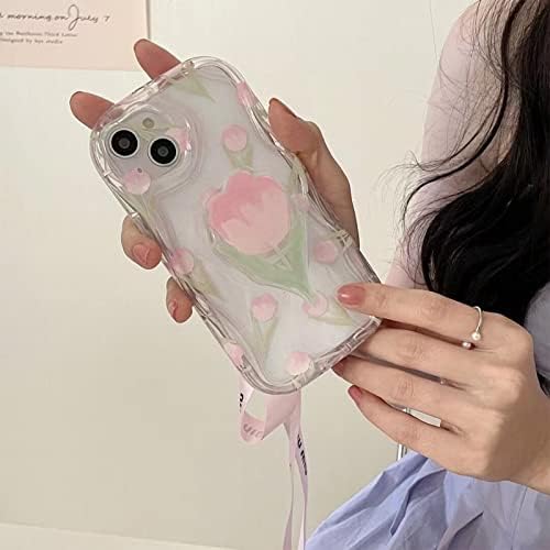 Калъф за мобилен телефон с цветя модел Aeilene за iPhone 14 Pro Max, Японски Корейски Сладък 3D Прозрачен Розов Калъф с една вълнообразна