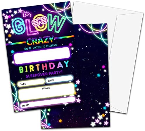 Покани за рожден ден в нежна теми, Покани за парти с неонови осветена осветление в пликове за момчета и момичета (20 броя), Покани за парти