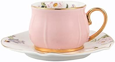 Комплект Розови Кафеени чаши и блюдец fanquare, Порцелан Чаена Чаша с Златно покритие, Голяма Чаена чаша в едно цвете за подарък, Чай,