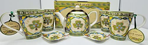 Традиционен ирландски Чаен сервиз Royal Tara с трилистником от Нов Костен порцелан, 4 Чаши и 2 от Притежатели на пакетчета за чай, Опаковани в кутия ирландски плетене.