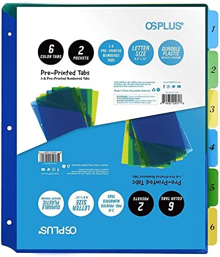 OS Plus 6-язычковые трайни пластмасови разделители с предварително отпечатан, 2 джоба, разнообразни цифри, 1 комплект