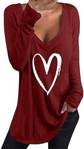 Andongnywell Ежедневни Риза с принтом, Дълъг ръкав, V-образно деколте, Принт във формата на Сърце, Ежедневни фланелки, Потници,