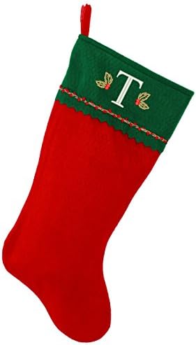 Първоначално Коледни Чорапи с бродирани мен Монограм, Зелено и Червено фетр, Начален Т