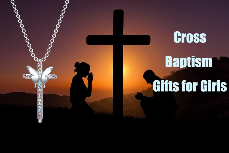 VEEHOO Колие с Кръст за Момичета, Подаръци за Кръщене, Блестящо Цветно Религиозно Колие с Кръст на Богоявление, Подаръци за