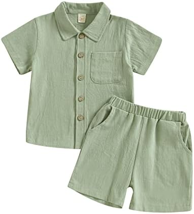 Сладък Летен Комплект за малки Момчета, Бельо Риза с копчета с Къс ръкав и къси Панталони за Деца, Дрехи