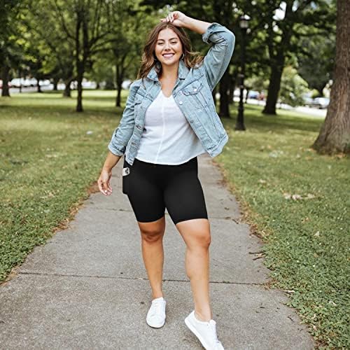 Дамски байкерские шорти MOREFEEL размер Плюс 8 с джобове за жени – Черни къси панталони за йога с висока талия и контрол на корема (XL-4XL)