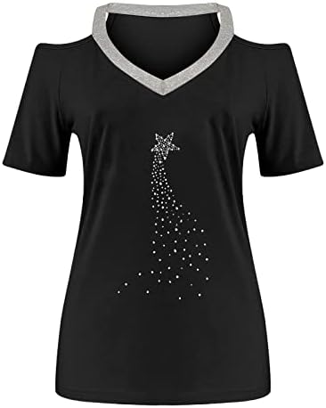 Най-Тениска за Момичета Есен-Лятото с Къс Ръкав 2023, с Открити Рамене, Vneck, Памук Топ с Графични Кристали, HQ HQ