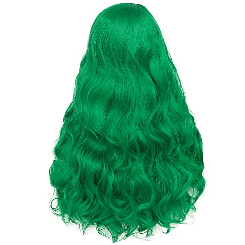 Kaneles Дълга Къдрава Зелена Перука за Жени, Вълнообразни Страничната Част от Косата, Натурален и Синтетичен Огнеупорни Взаимозаменяеми Перука за Cosplay, Вечерни (Зелен)