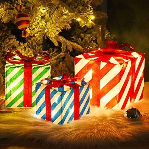 Комплект от 3 Коледни подаръци кутии с подсветка за коледна украса, Светещ подарък кутия с 60 led светлини, идеална за Коледната елха,