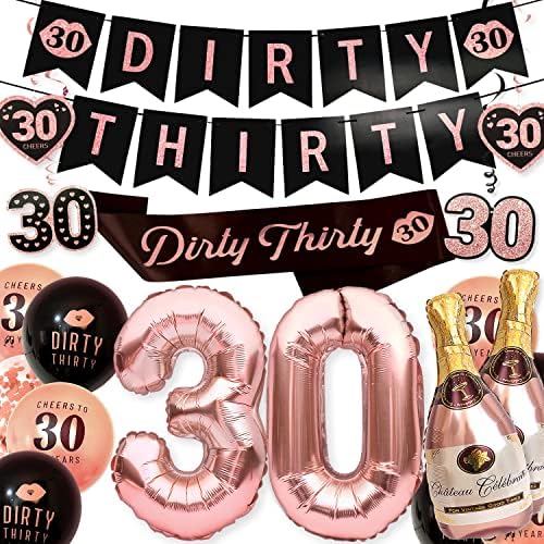 PartyForever Набор от рекламни Банери за украса на парти за 30-ия рожден ден за жени, включващ Банер Dirty Thirty Черно и розово злато