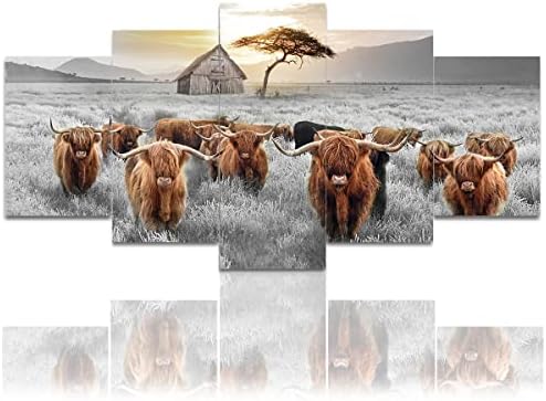 Високият Крава Платно Стенно Изкуство Животински Принт Снимки Алпийски Пухкави Говеда Фоторамка Селска Къща Картина 12x16 инча