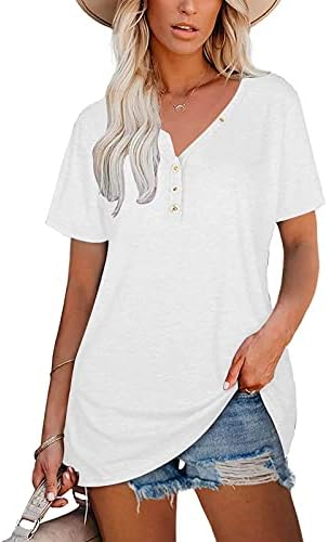 Ризи NEARTIME за Жени, Ежедневни Тениски Свободно Намаляване с V-образно деколте и Копчета, Блузи с Къс Ръкав, Блуза