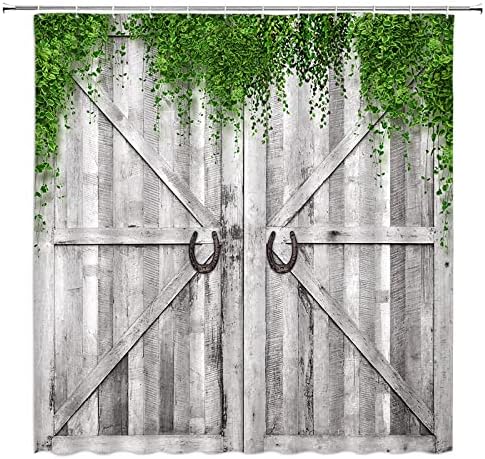 UEAUUN Селски Дървена Врата на Бараката Завеса За Душ Цветна Стена Градина Кънтри Реколта Зелени Листа Плат Завеси за Баня Декор, Определени с Куки (70 ШХ70 В)