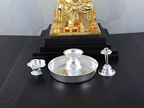 Набор от GoldGiftIdeas 4PSPLUS (4 инча) със сребърно покритие Pooja Тали (опаковка от 5 броя), Декоративна чиния Pooja Тали, Връщане подарък за сватба и нов дом
