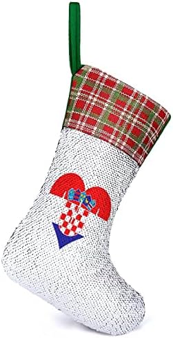 Любовта Хърватия Сърцебиене Коледни Чорапи с Лъскави Пайети Коледен Празник Камина Кмет на Вечерни Окачен Декор