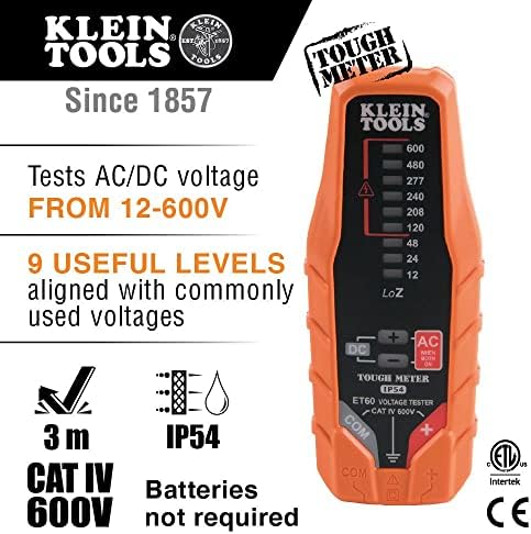 Тестер на напрежение Klein Tools ET60, Проверява променливо и постоянно напрежение, а също и ниско напрежение, Батериите не са