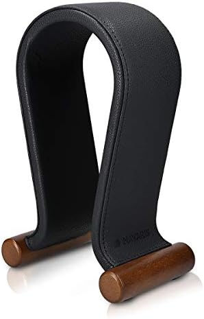 Поставка за слушалки Navaris Omega - Закачалка за слушалки от изкуствена кожа с дървена основа - Държач за Жични, безжични, видео, dj,