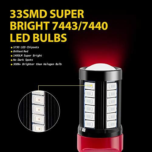 AUXLIGHT 7443 7440 T20 W21W 1400 Лумена Супер Ярки led Лампи с ниска Мощност за Подмяна на стоп-сигнали обратно на завоя, Светлини, ярко червени (опаковка от 2 броя)