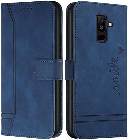 Чанта-портфейл COTDINFOR за Samsung Galaxy J8 2018, калъф Galaxy A6 Plus с държач за карти, Кожен Флип калъф с магнитна стойка, пълна защита, Съвместим с Samsung Galaxy J8 2018, Smile Blue