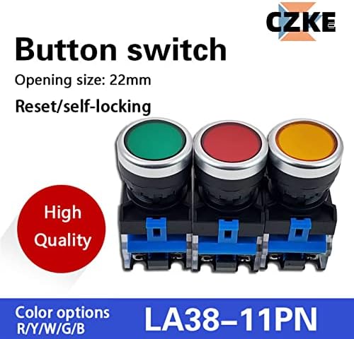 LYVI 6шт 22 мм LA38 Бутон превключвател с плоска глава 1NO 1NC Мигновени бутон ключове LA38-11 6 цвята Нормално отворен + нормално затворен (Цвят: червен, размер: самостоятелно б?
