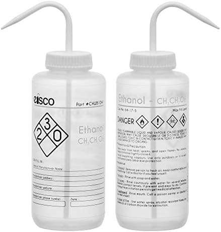 Бутилка за измиване на етанол EISCO 2PK, 1000 мл - С цветен етикетиране на химични вещества и на информацията за сигурността