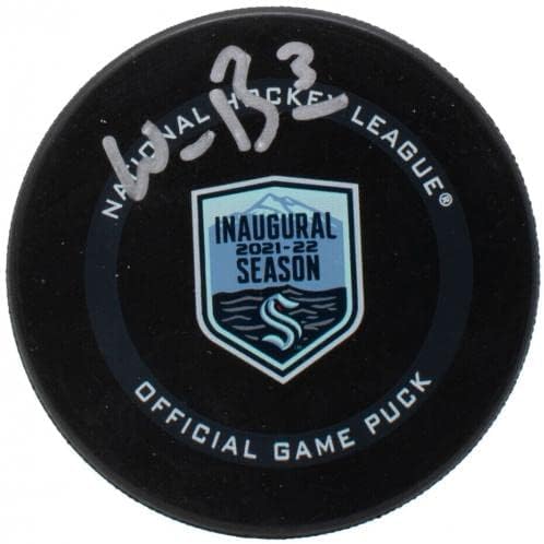 Уил Борген подписа Хокей шайба Kraken Първия сезон на НХЛ срещу Case Fanatics - за Миене на НХЛ с автограф