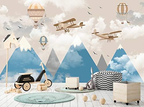 Детски Тапети - Планината Самолети, Балони - Фотообои Рисувани Стенни Детска Спалня (144x100 инча - 366x254 см) Голям Размер Хартия